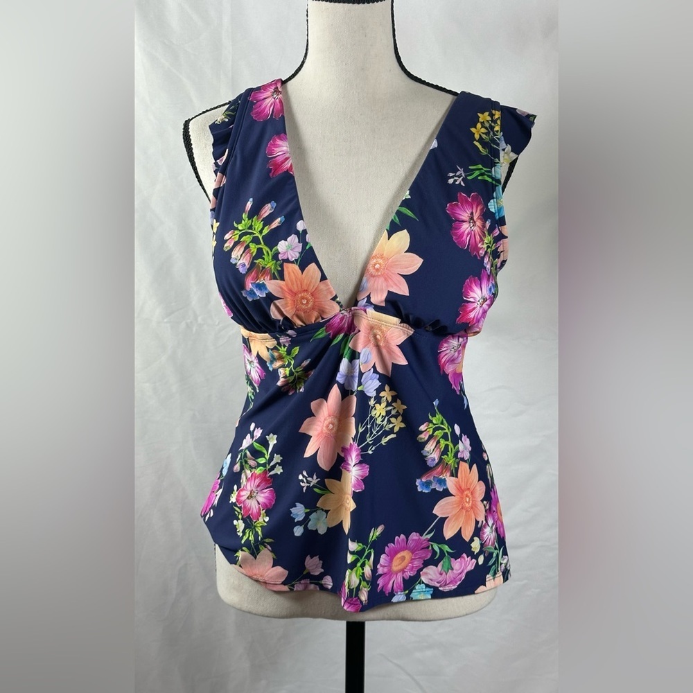 Blue Ruched Floral Blouse Swimwear 🌴☀️ - Picture 2 of 14